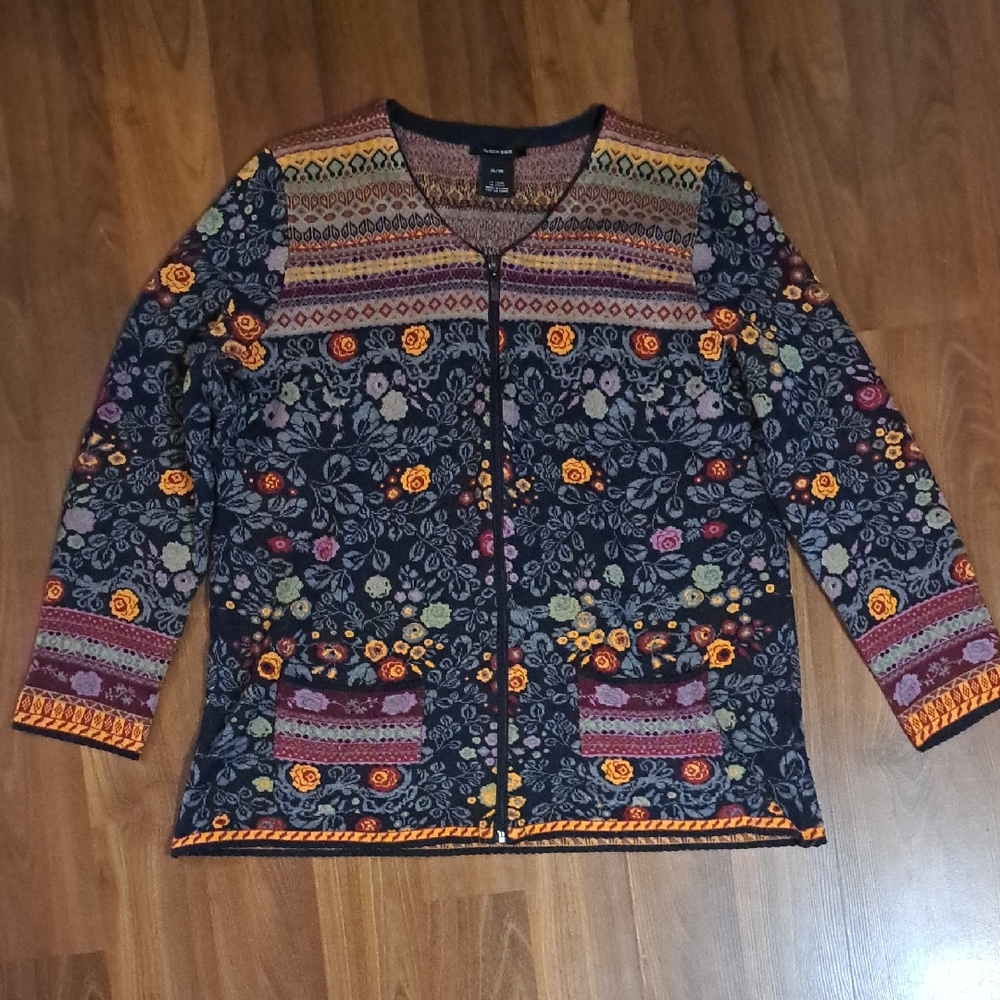 Floral Patterned Zip-Front Women's Cardigan Sweater - Navy